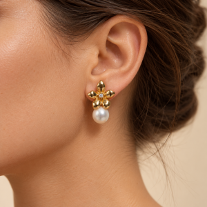 Pendientes Flor Perla Dorada
